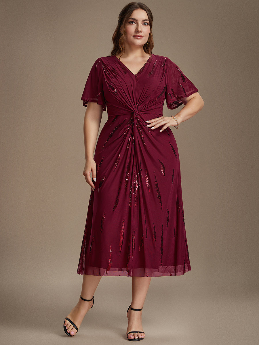 Plus Size Sequin Tulle Wedding Guest Dress #color_Burgundy