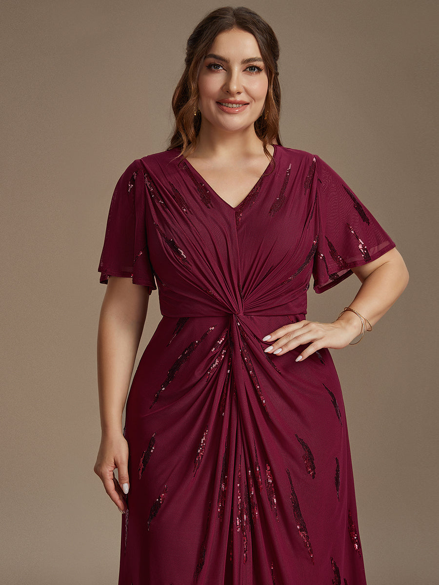 Sequin Tulle Ruffle Sleeve Wedding Guest Dress #color_Burgundy