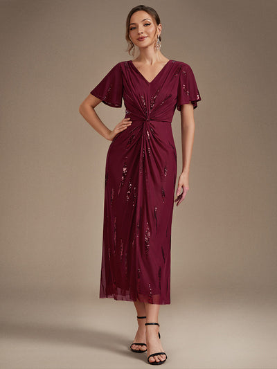 Sequin Tulle Ruffle Sleeve Wedding Guest Dress