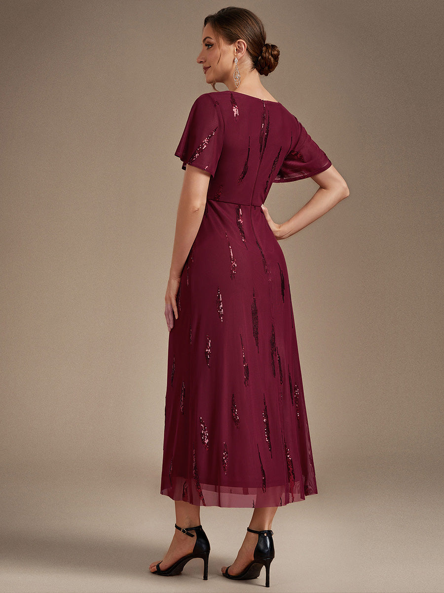 Sequin Tulle Ruffle Sleeve Wedding Guest Dress #color_Burgundy