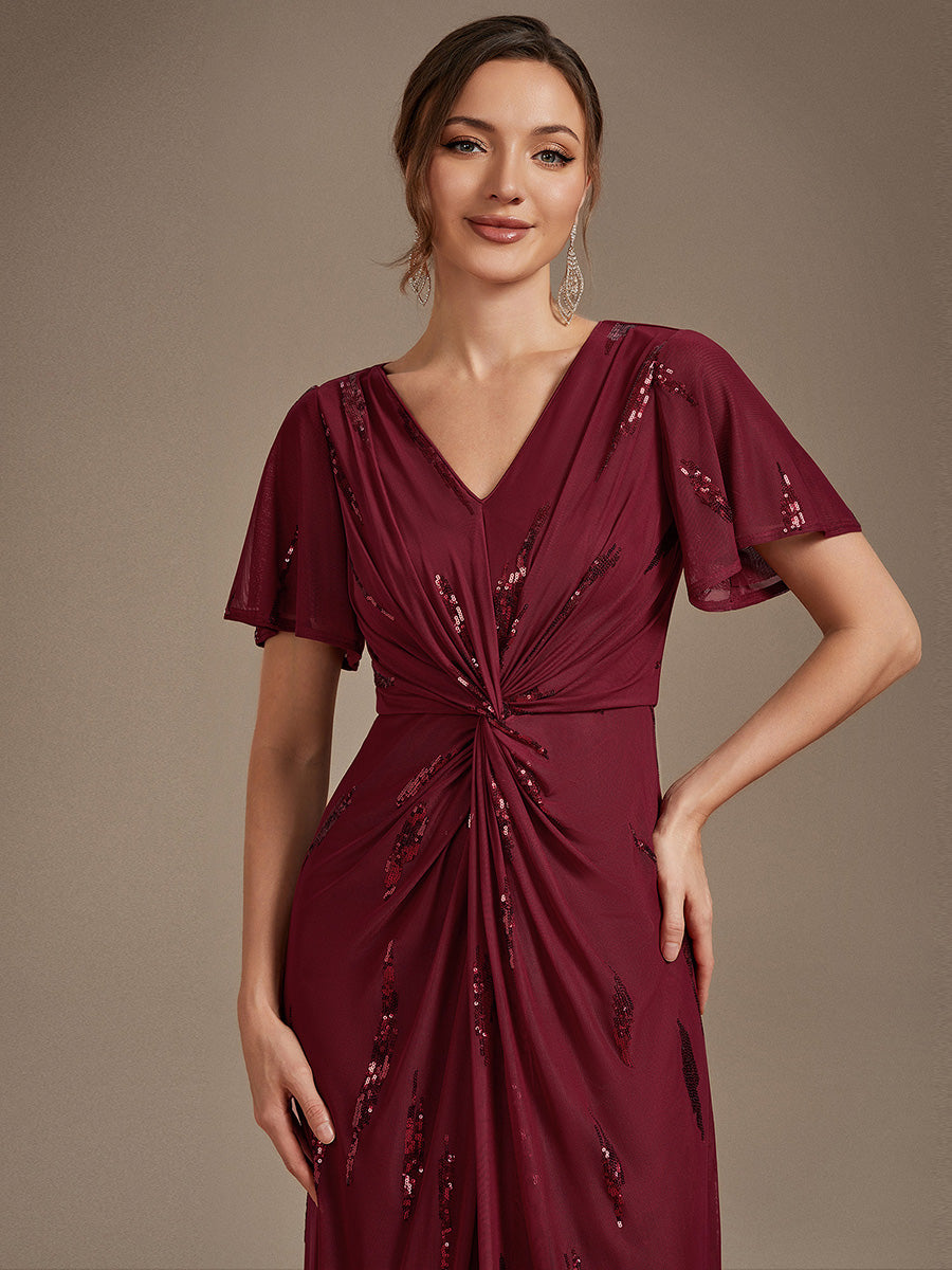 Sequin Tulle Ruffle Sleeve Wedding Guest Dress #color_Burgundy