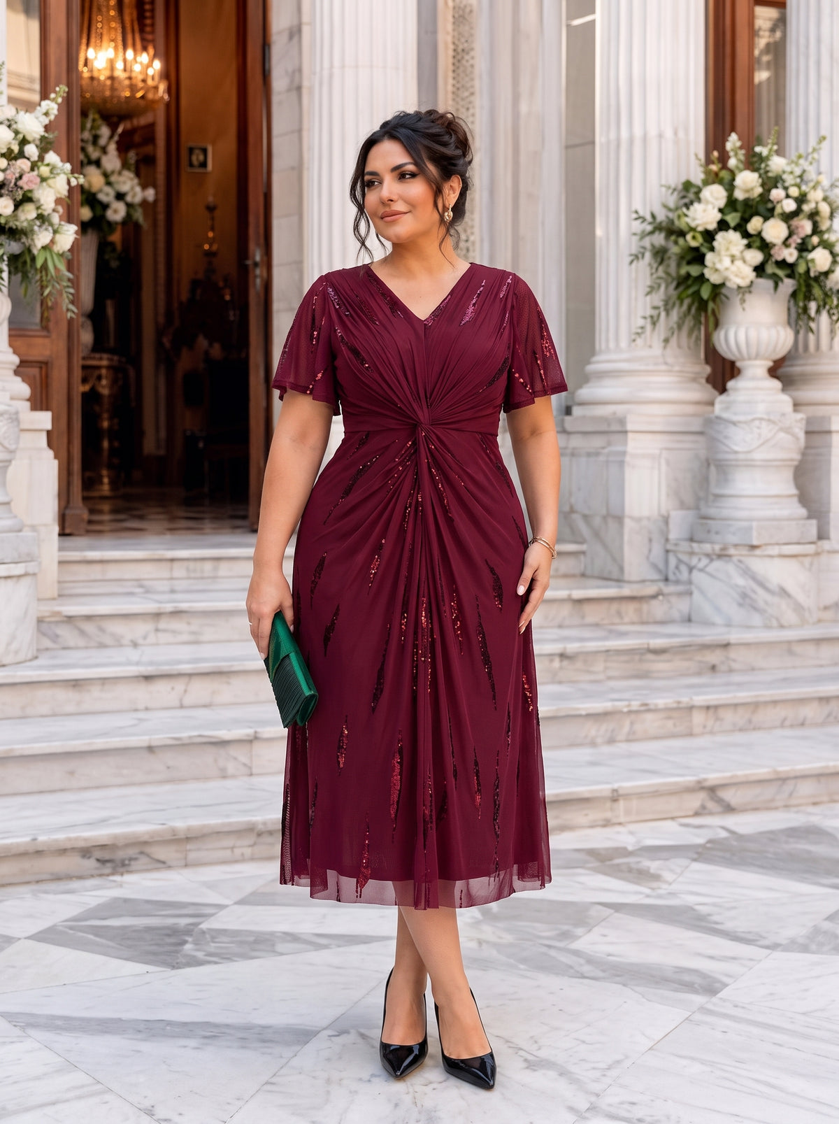 Sequin Tulle Ruffle Sleeve Wedding Guest Dress #color_Burgundy