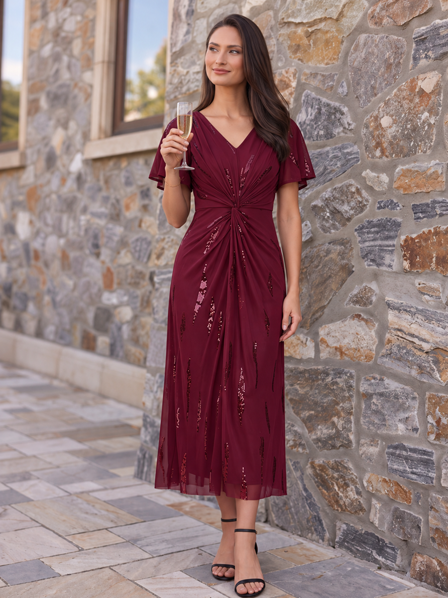 Sequin Tulle Ruffle Sleeve Wedding Guest Dress #color_Burgundy