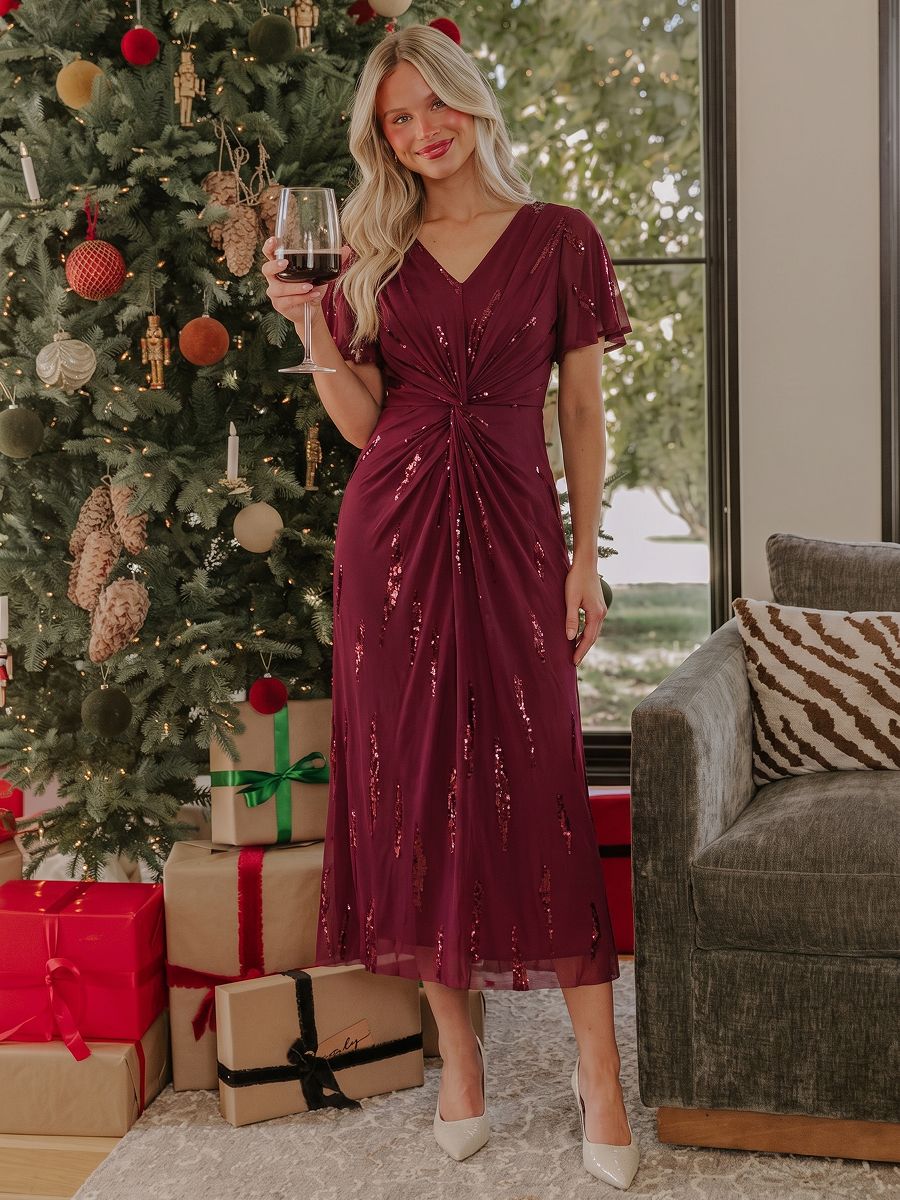 Sequin Tulle Ruffle Sleeve Wedding Guest Dress #color_Burgundy