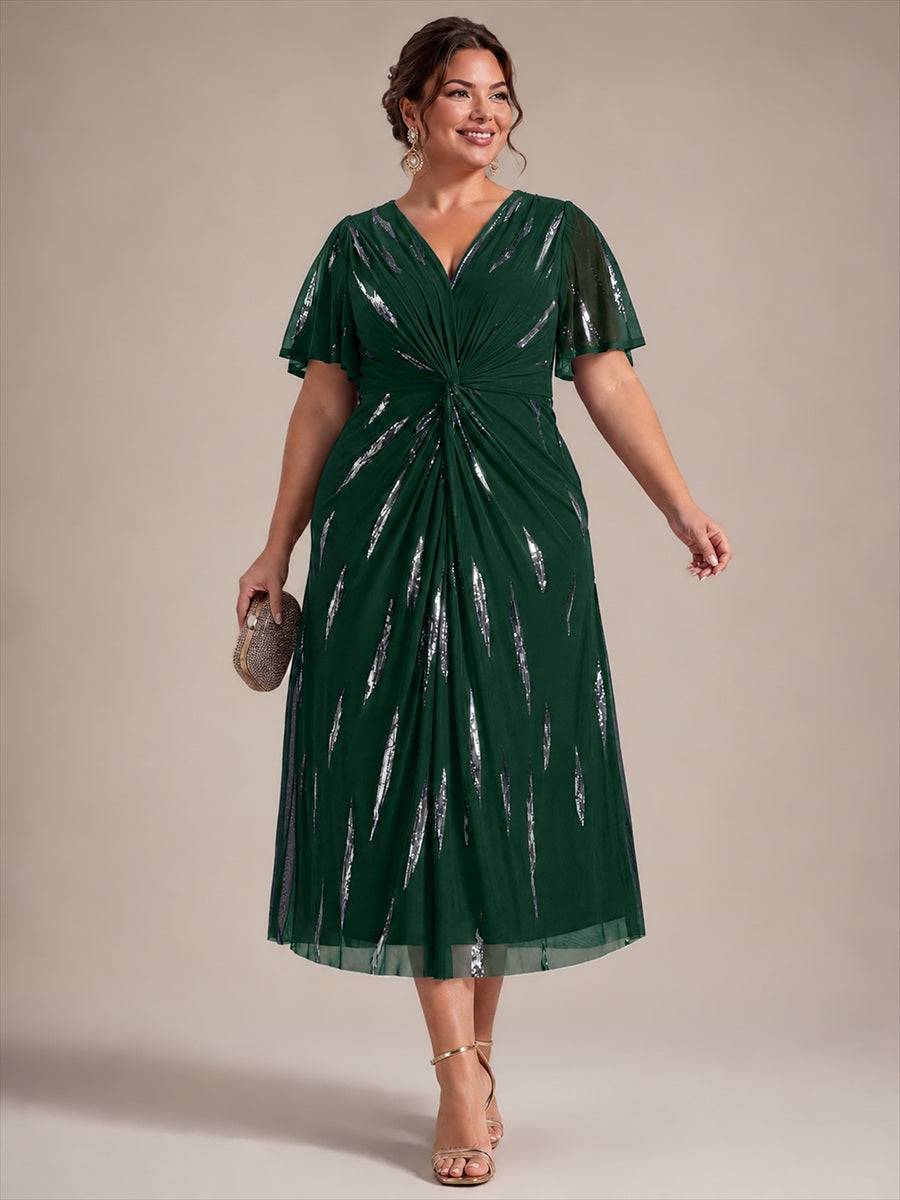 Plus Size Sequin Tulle Wedding Guest Dress #color_Dark Green