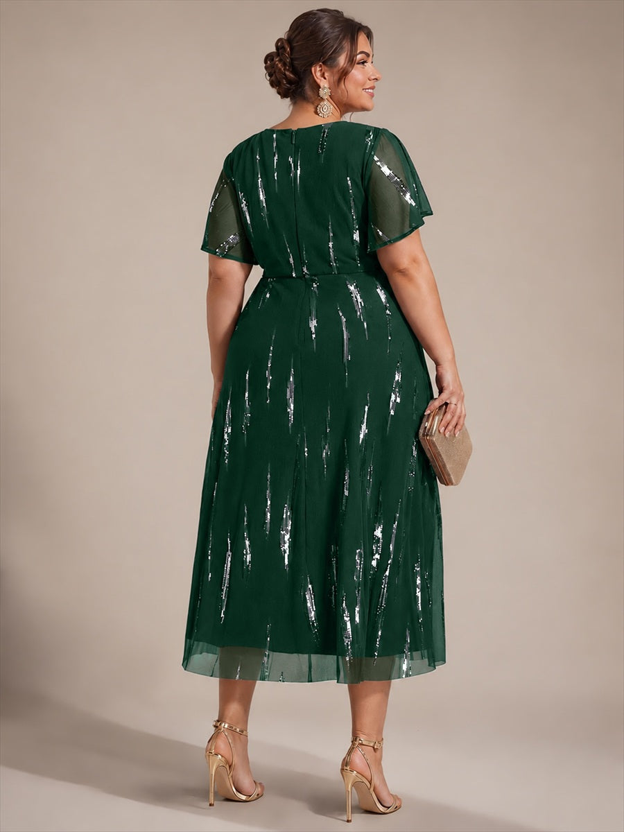 Sequin Tulle Ruffle Sleeve Wedding Guest Dress #color_Dark Green