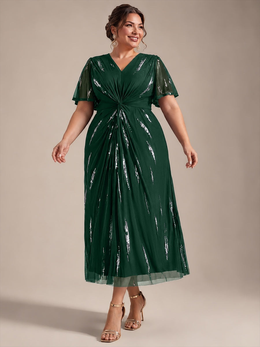 Plus Size Sequin Tulle Wedding Guest Dress #color_Dark Green