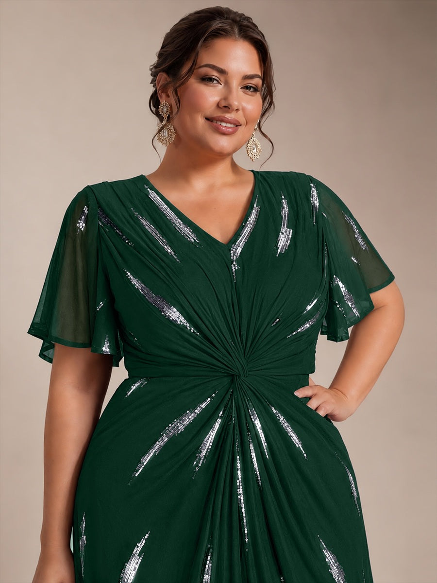 Sequin Tulle Ruffle Sleeve Wedding Guest Dress #color_Dark Green