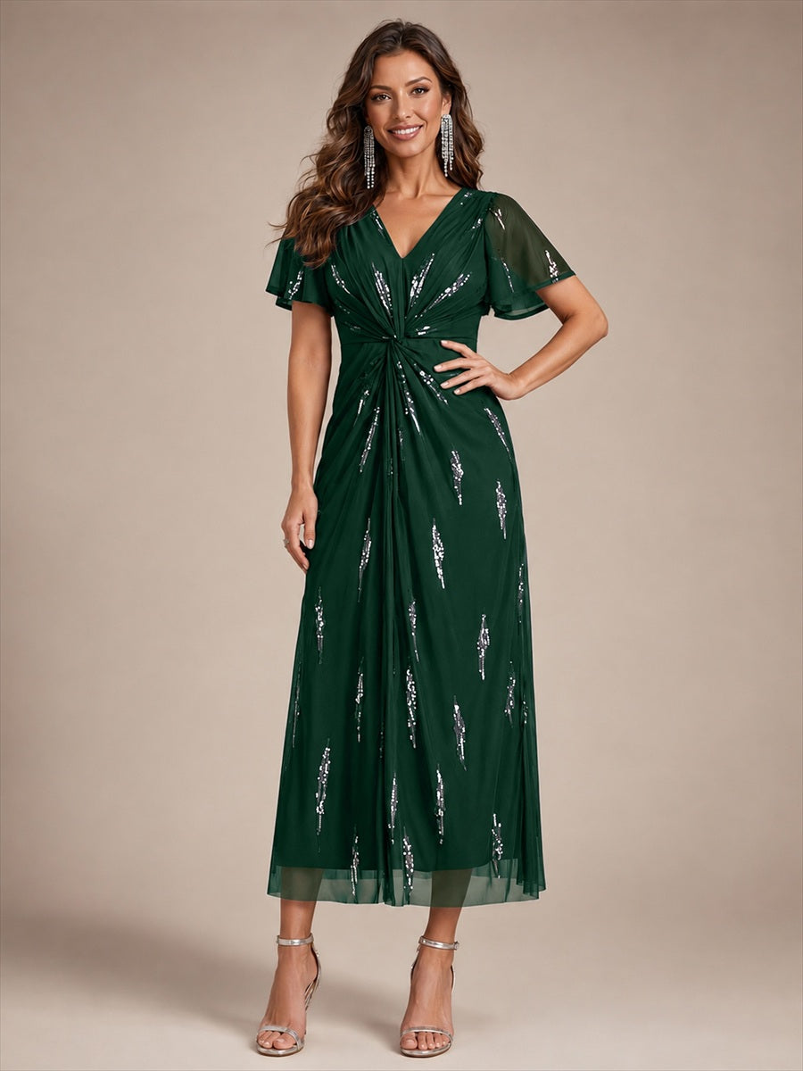 Sequin Tulle Ruffle Sleeve Wedding Guest Dress #color_Dark Green