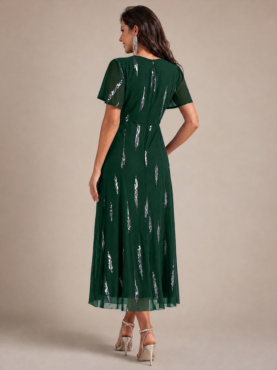 Sequin Tulle Ruffle Sleeve Wedding Guest Dress #color_Dark Green