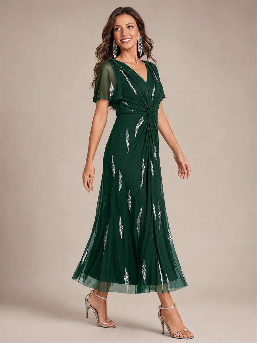 Sequin Tulle Ruffle Sleeve Wedding Guest Dress #color_Dark Green
