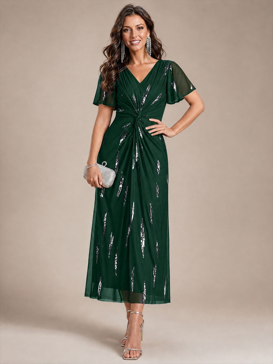 Sequin Tulle Ruffle Sleeve Wedding Guest Dress #color_Dark Green