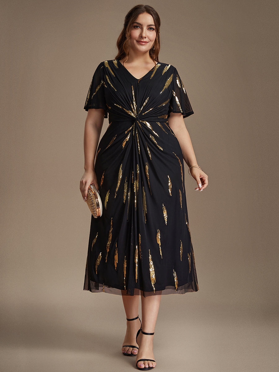 Sequin Tulle Ruffle Sleeve Wedding Guest Dress #color_Black & Gold