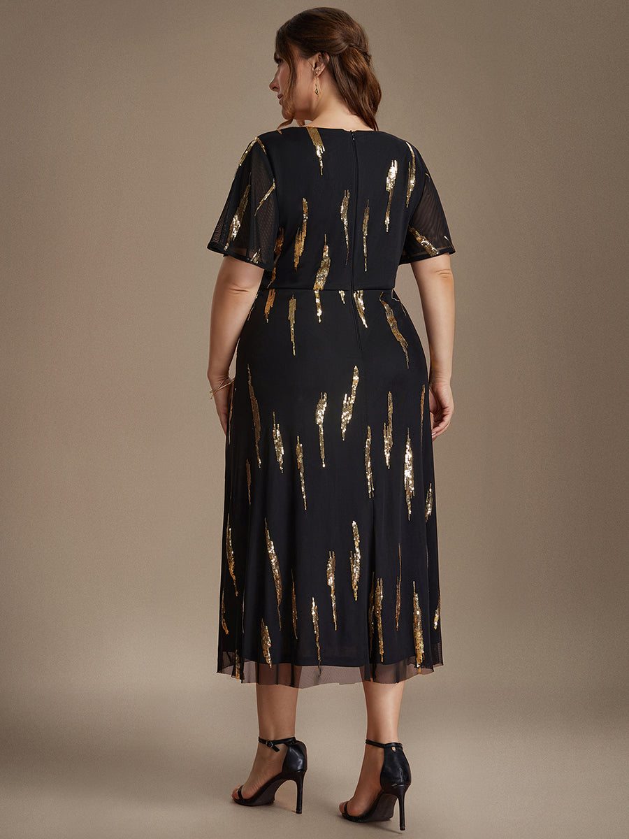 Sequin Tulle Ruffle Sleeve Wedding Guest Dress #color_Black & Gold