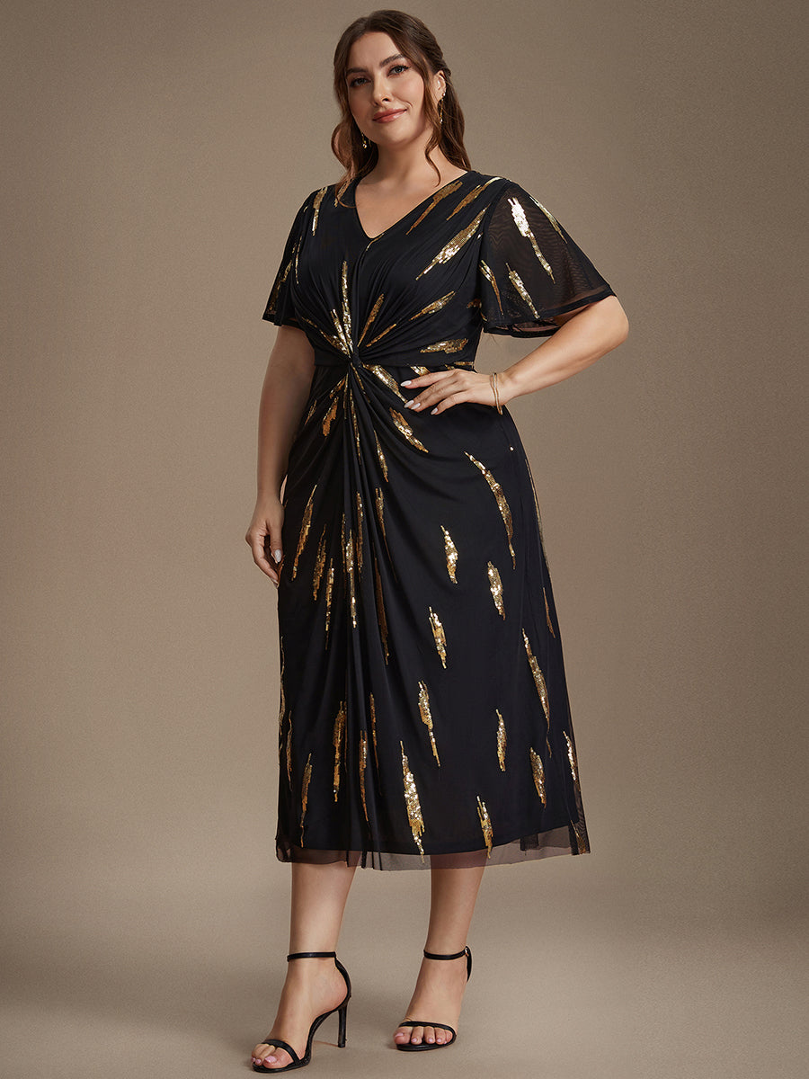 Sequin Tulle Ruffle Sleeve Wedding Guest Dress #color_Black & Gold