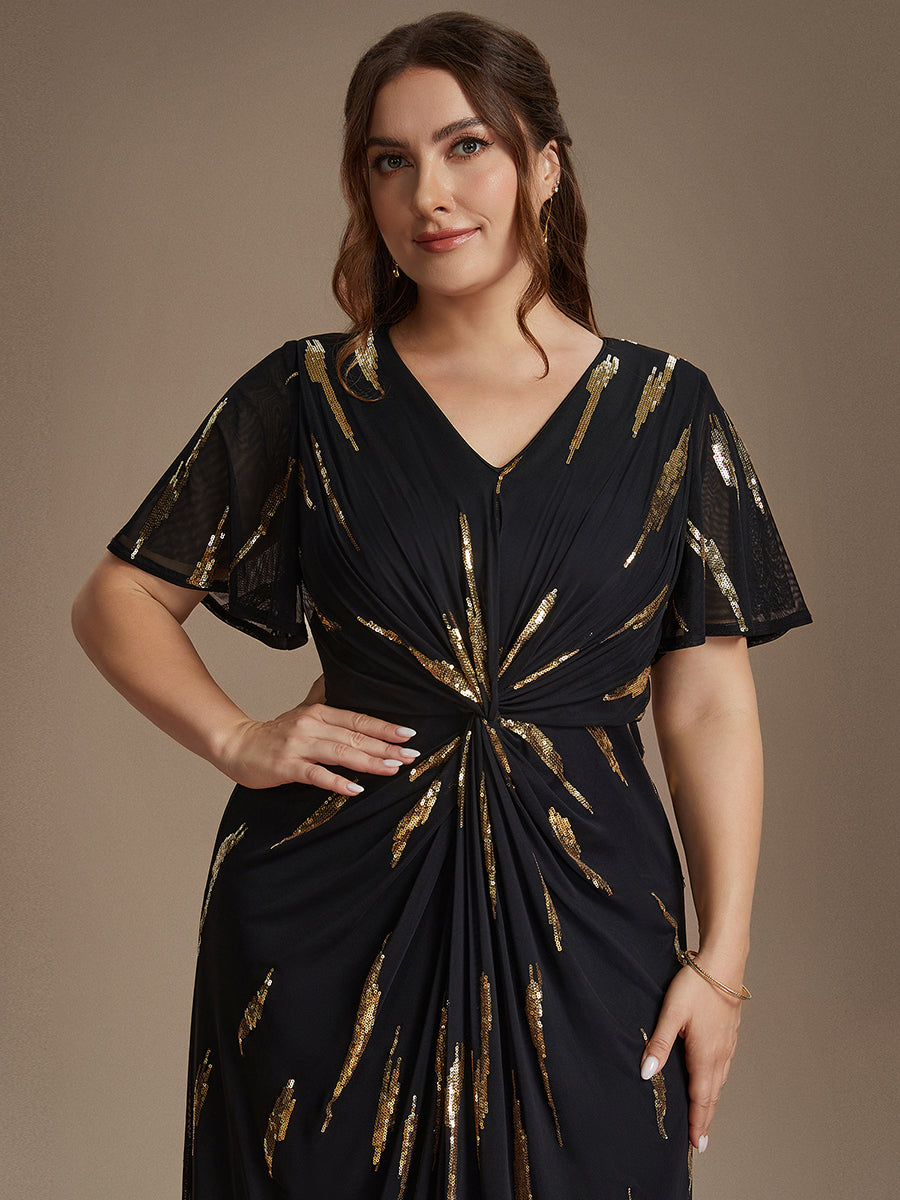 Sequin Tulle Ruffle Sleeve Wedding Guest Dress #color_Black & Gold