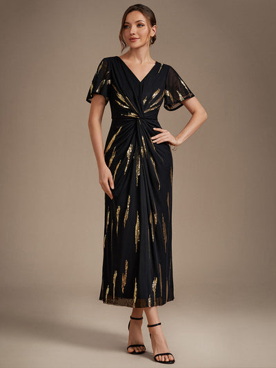 Sequin Tulle Ruffle Sleeve Wedding Guest Dress