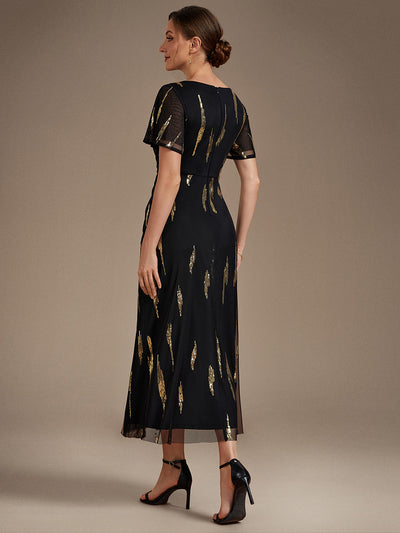 Sequin Tulle Ruffle Sleeve Wedding Guest Dress #color_Black & Gold