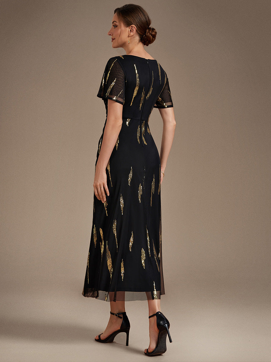 Sequin Tulle Ruffle Sleeve Wedding Guest Dress #color_Black & Gold