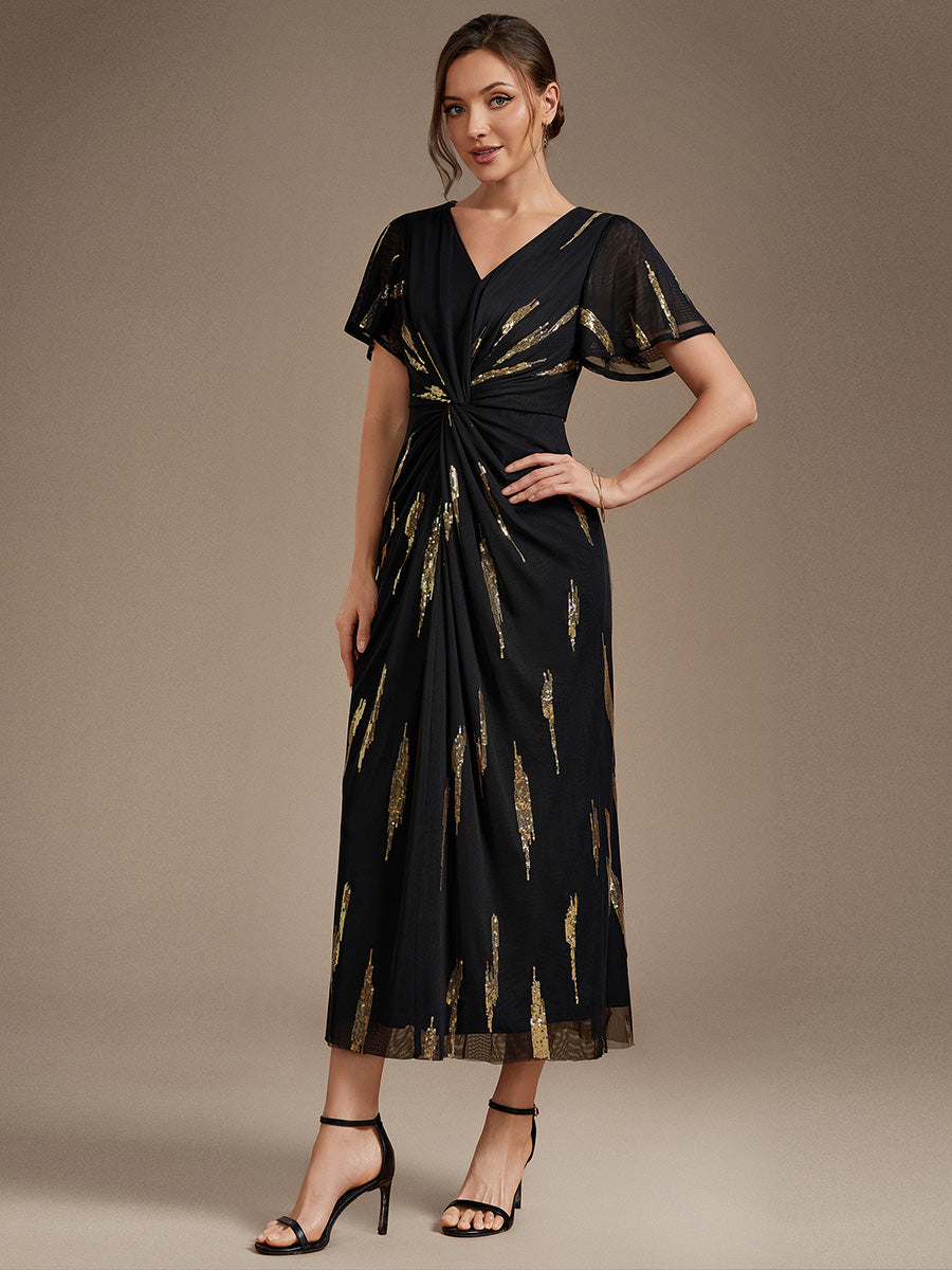 Sequin Tulle Ruffle Sleeve Wedding Guest Dress #color_Black & Gold