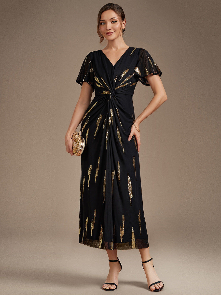 Sequin Tulle Ruffle Sleeve Wedding Guest Dress #color_Black & Gold