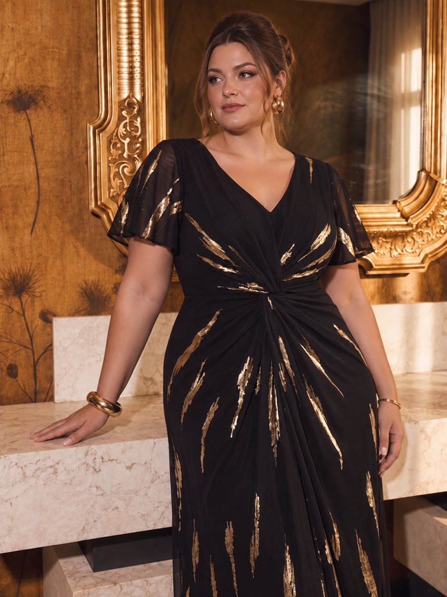 Plus Size Sequin Tulle Wedding Guest Dress #color_Black&Metallic Gold