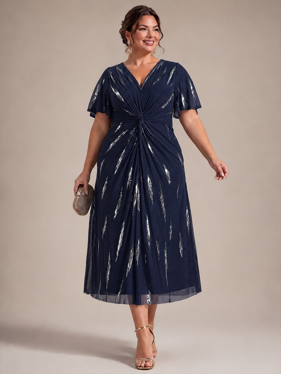 Plus Size Sequin Tulle Wedding Guest Dress #color_Navy Blue
