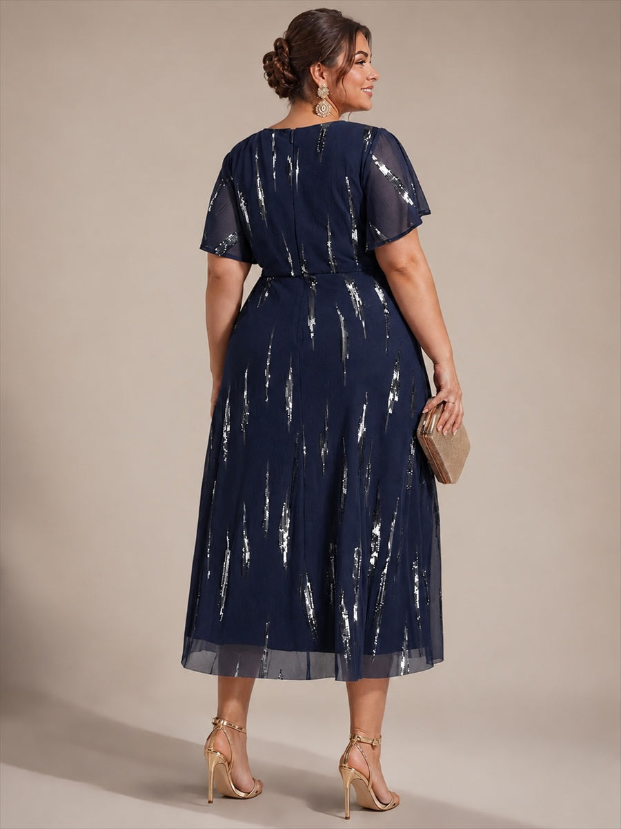 Plus Size Sequin Tulle Wedding Guest Dress #color_Navy Blue