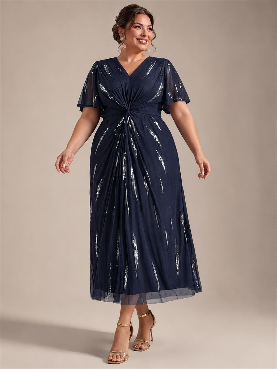 Sequin Tulle Ruffle Sleeve Wedding Guest Dress #color_Navy Blue