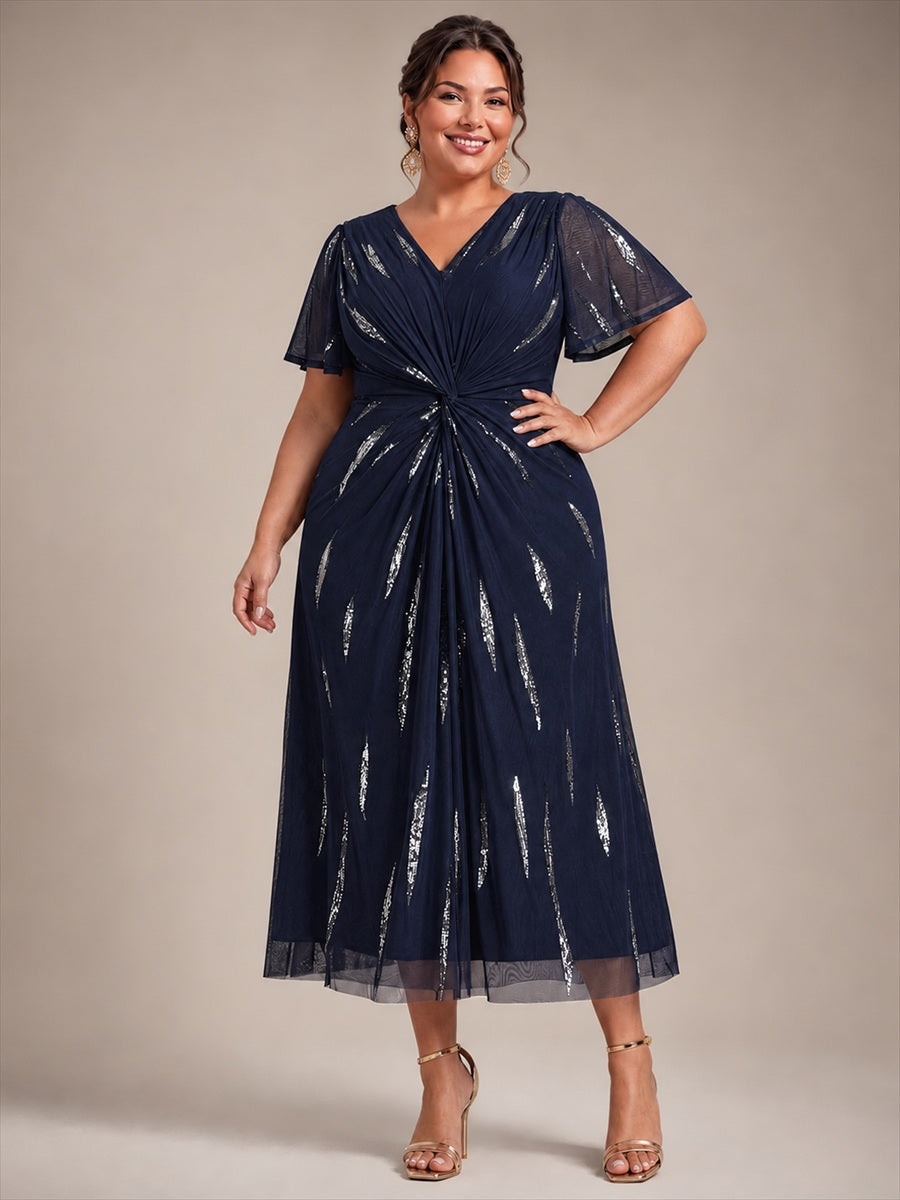 Plus Size Sequin Tulle Wedding Guest Dress #color_Navy Blue