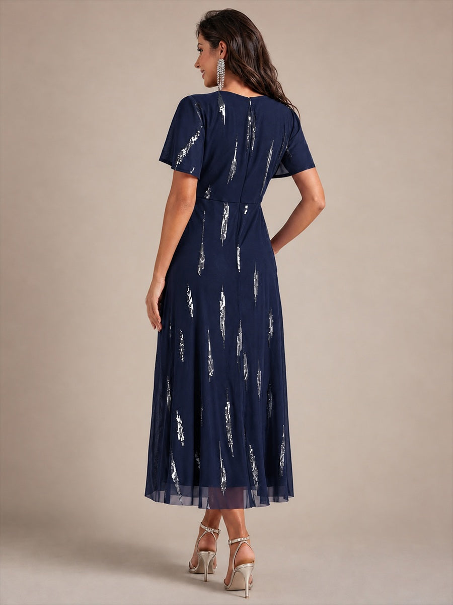 Sequin Tulle Ruffle Sleeve Wedding Guest Dress #color_Navy Blue
