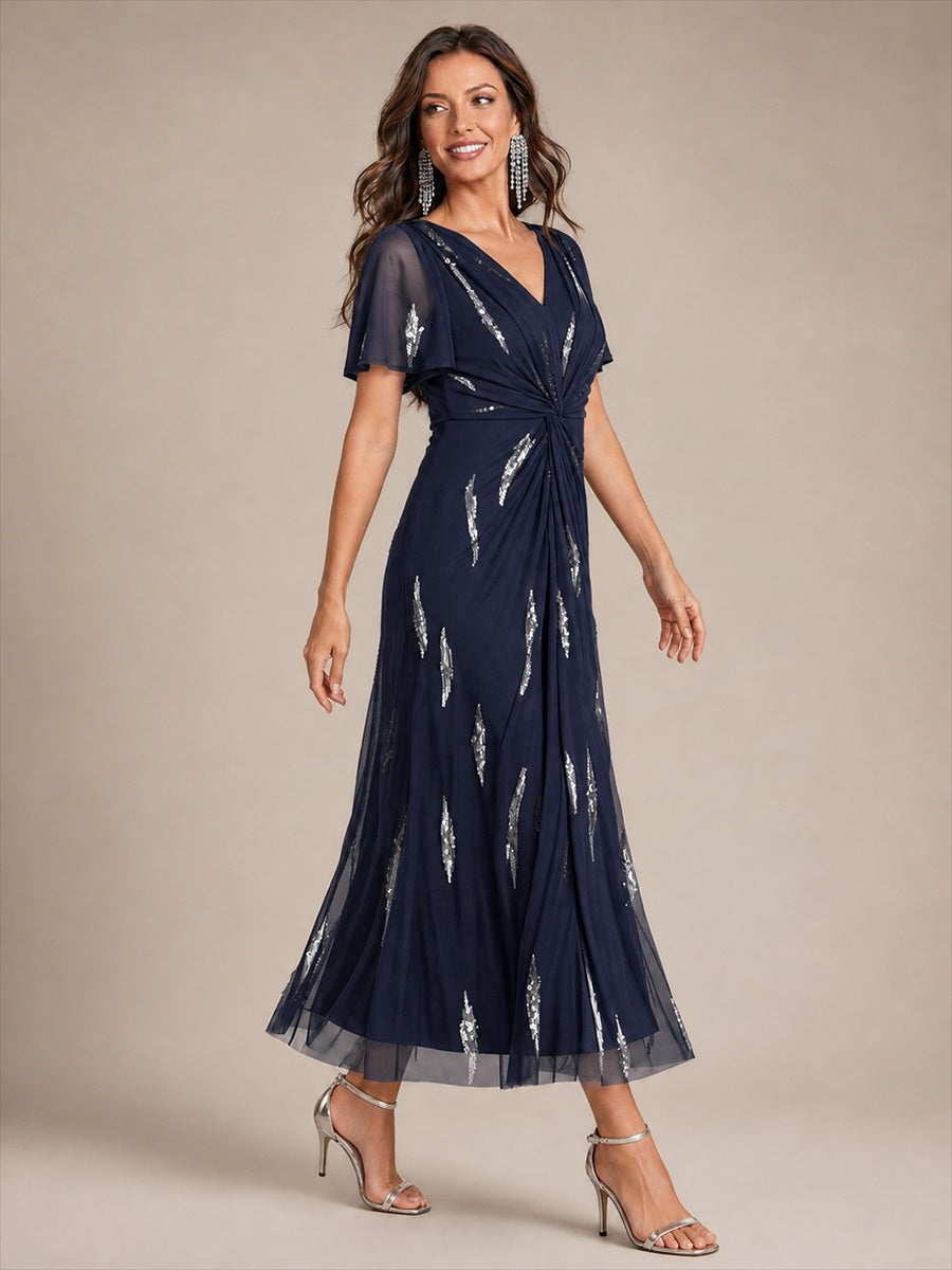 Sequin Tulle Ruffle Sleeve Wedding Guest Dress #color_Navy Blue