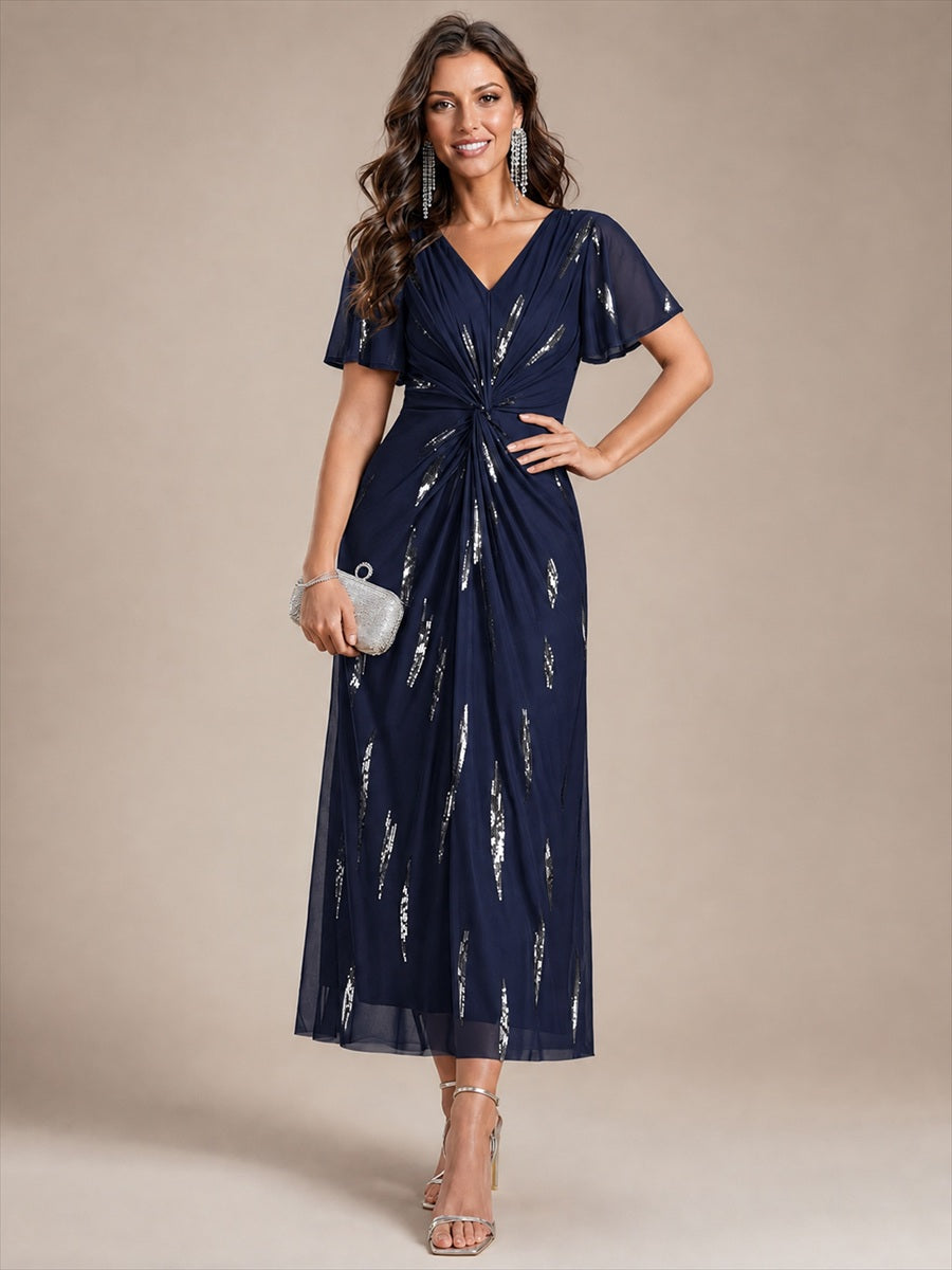 Sequin Tulle Ruffle Sleeve Wedding Guest Dress #color_Navy Blue
