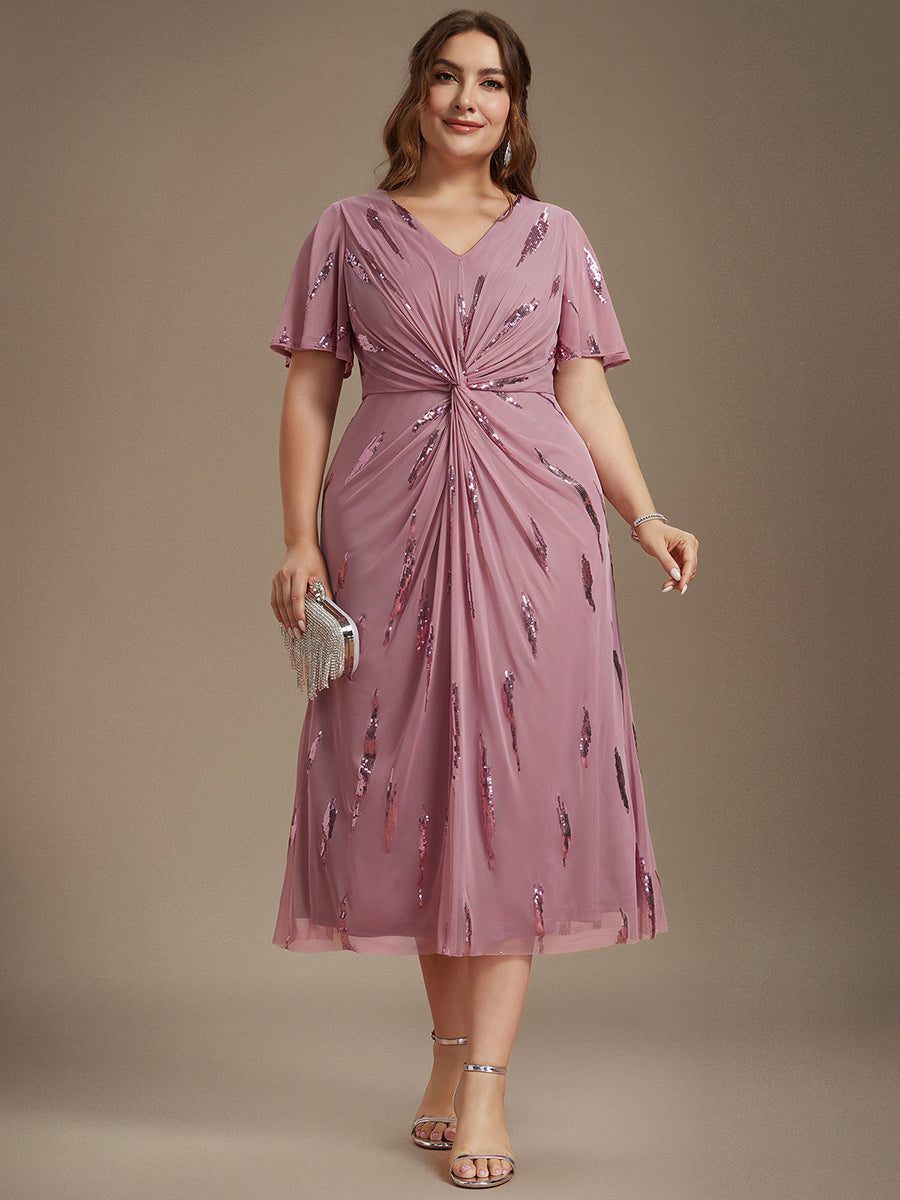Sequin Tulle Ruffle Sleeve Wedding Guest Dress #color_Purple Orchid
