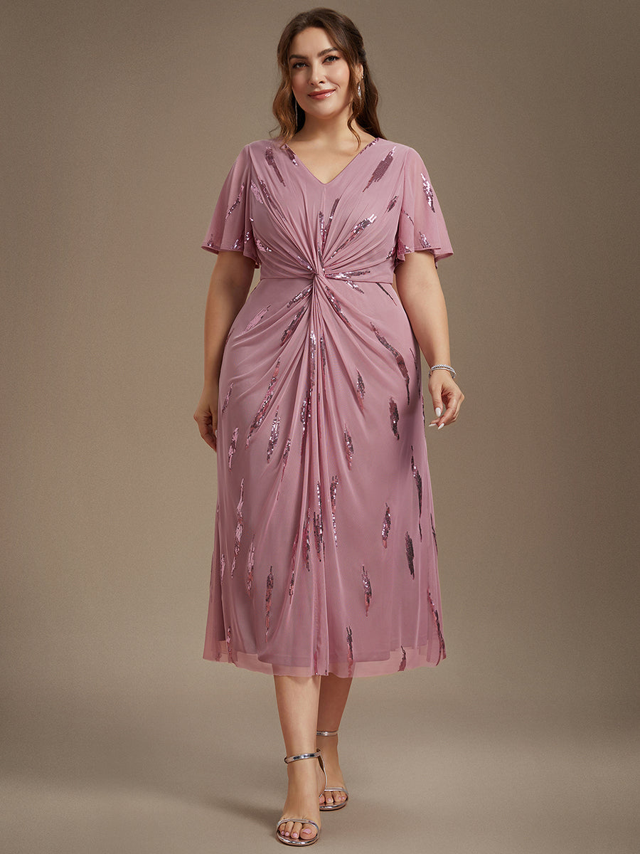 Sequin Tulle Ruffle Sleeve Wedding Guest Dress #color_Purple Orchid