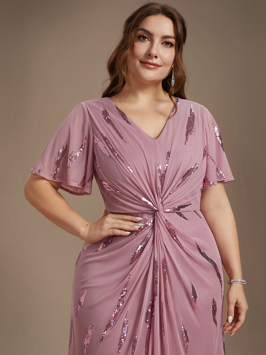 Sequin Tulle Ruffle Sleeve Wedding Guest Dress #color_Purple Orchid
