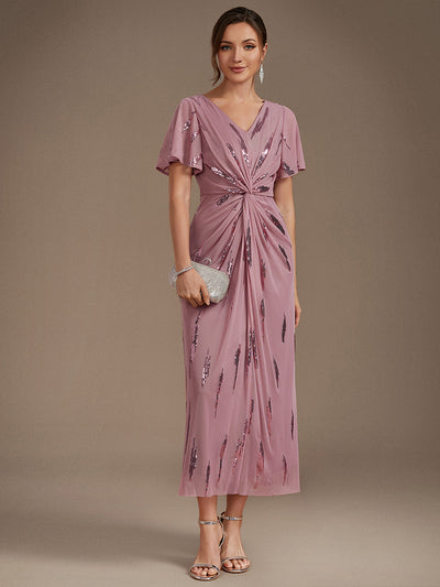 Sequin Tulle Ruffle Sleeve Wedding Guest Dress