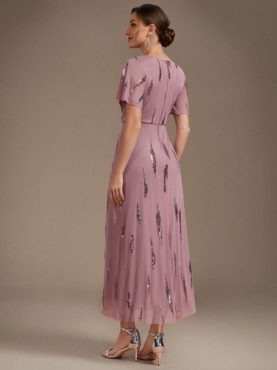 Sequin Tulle Ruffle Sleeve Wedding Guest Dress #color_Purple Orchid