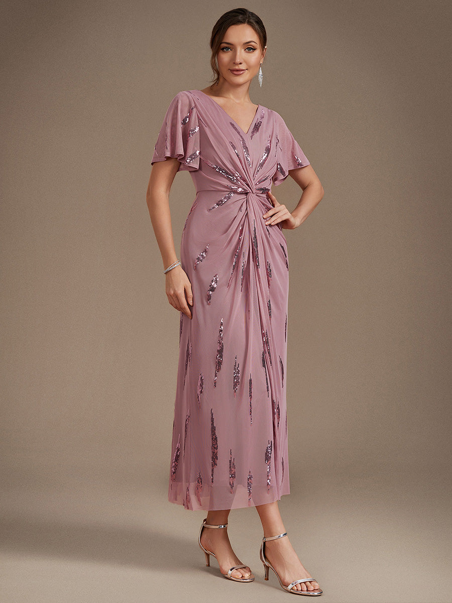 Sequin Tulle Ruffle Sleeve Wedding Guest Dress #color_Purple Orchid