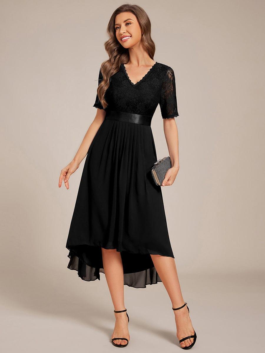 Half Sleeve A-line Lace Formal Evening Dress #color_Black