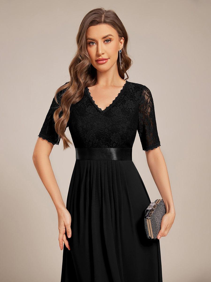Midi Wedding Guest Dress with Half Sleeves and Pleated V-Neck