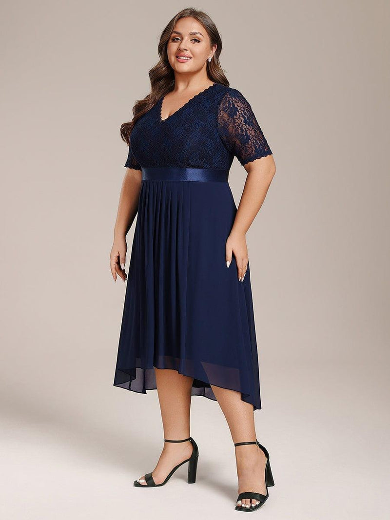Midi Wedding Guest Dress with Half Sleeves and Pleated V-Neck