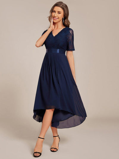 Half Sleeve A-line Lace Formal Evening Dress #color_Navy Blue
