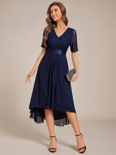 Half Sleeve A-line Lace Formal Evening Dress #color_Navy Blue
