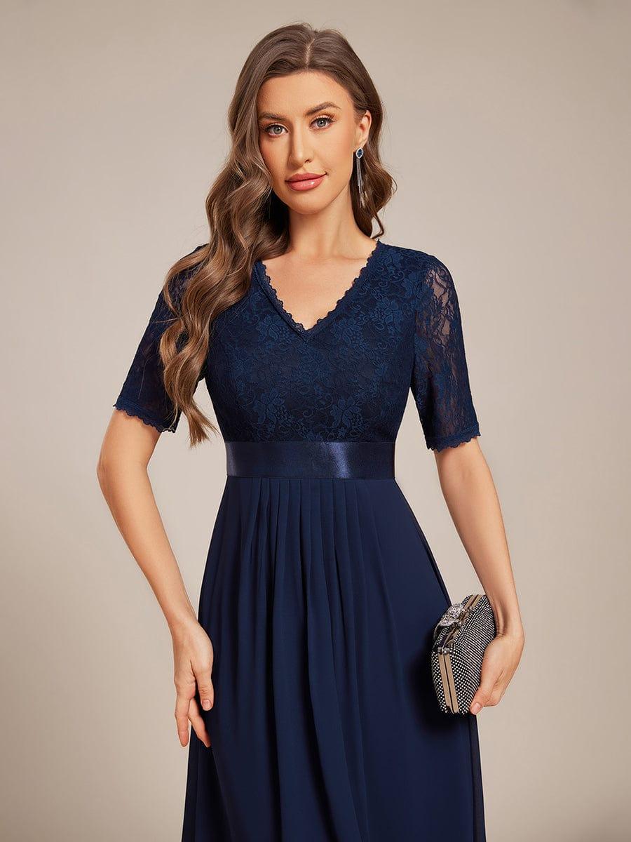 Half Sleeve A-line Lace Formal Evening Dress #color_Navy Blue