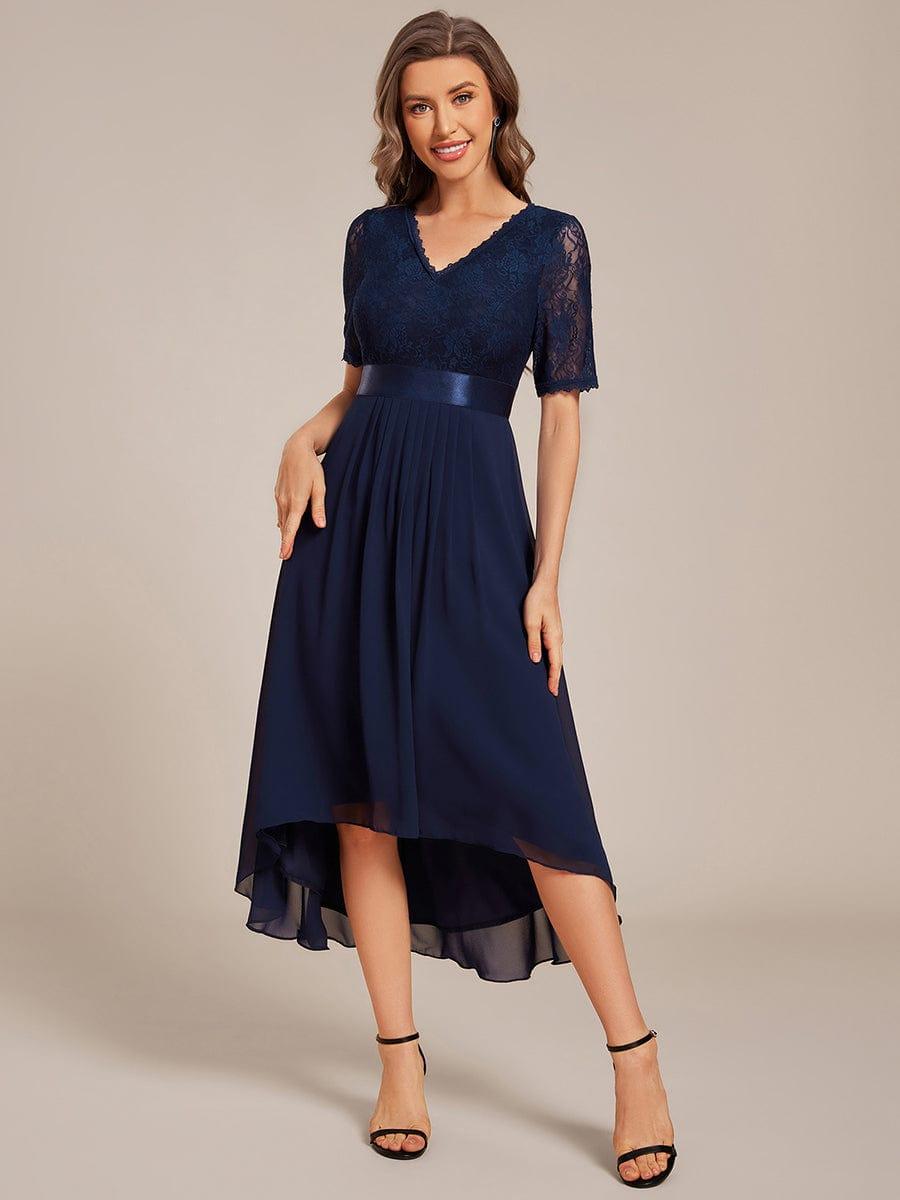 Half Sleeve A-line Lace Formal Evening Dress #color_Navy Blue