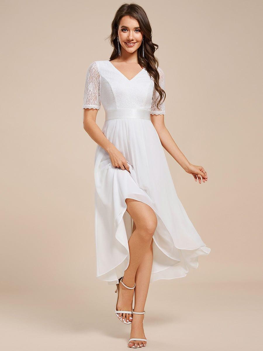 Half Sleeve A-line Lace Formal Evening Dress #color_White
