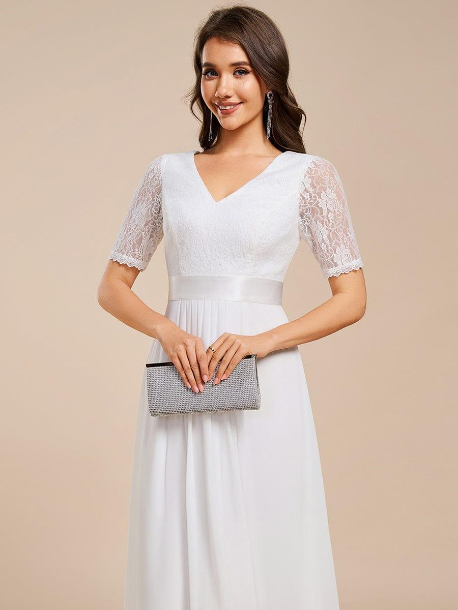 Half Sleeve A-line Lace Formal Evening Dress #color_White