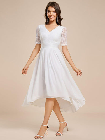 Half Sleeve A-line Lace Formal Evening Dress #color_White