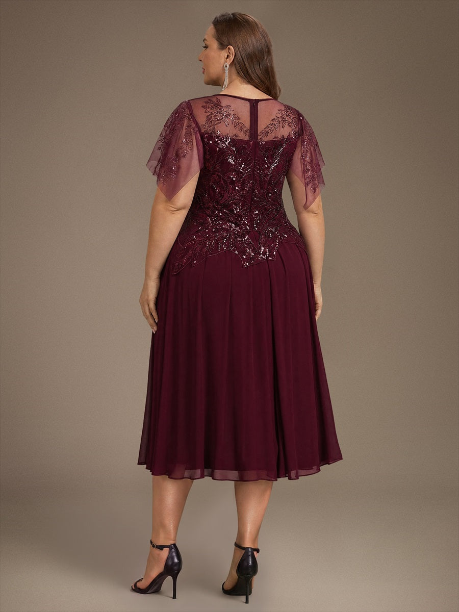 Ruffle See-Through Ruffle Sleeve Wedding Guest Dress #color_Burgundy